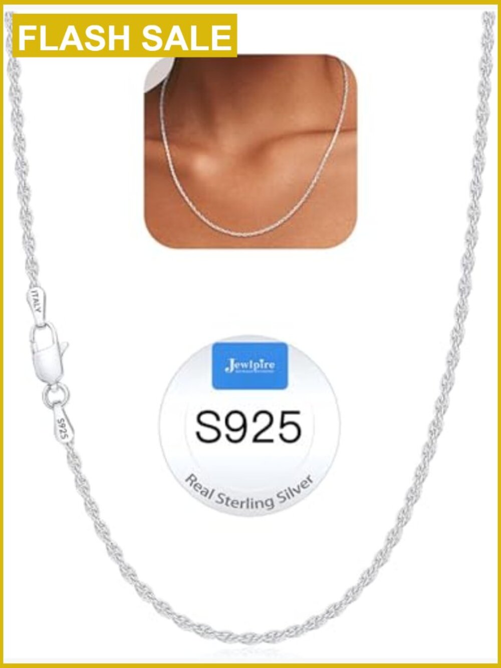Sterling Silver Rope Chain Necklace 18" 2mm Lobster Clasp for Women